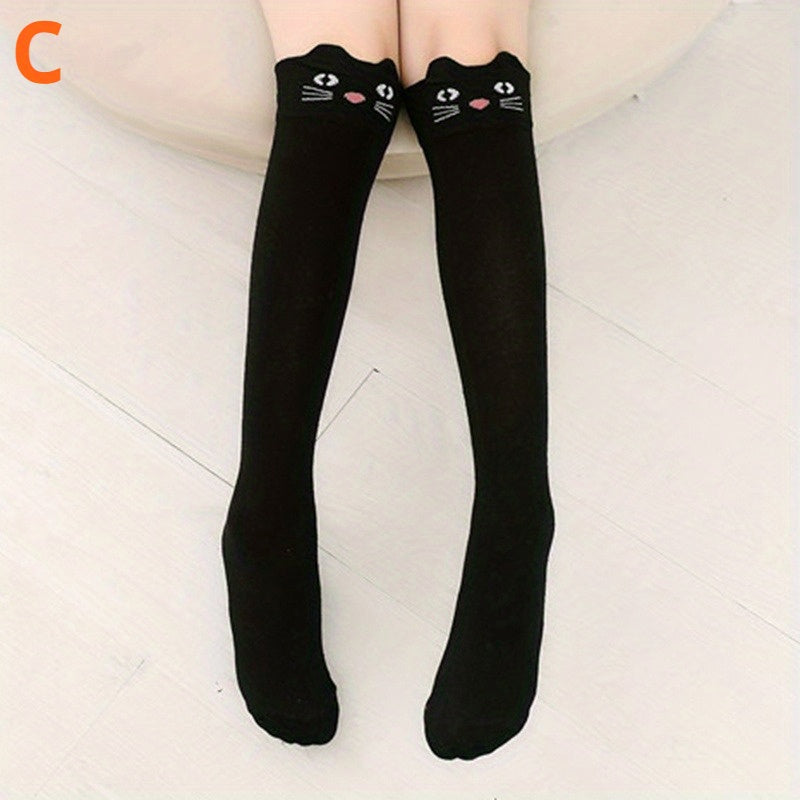Cartoon Cat Print Knee High Stockings