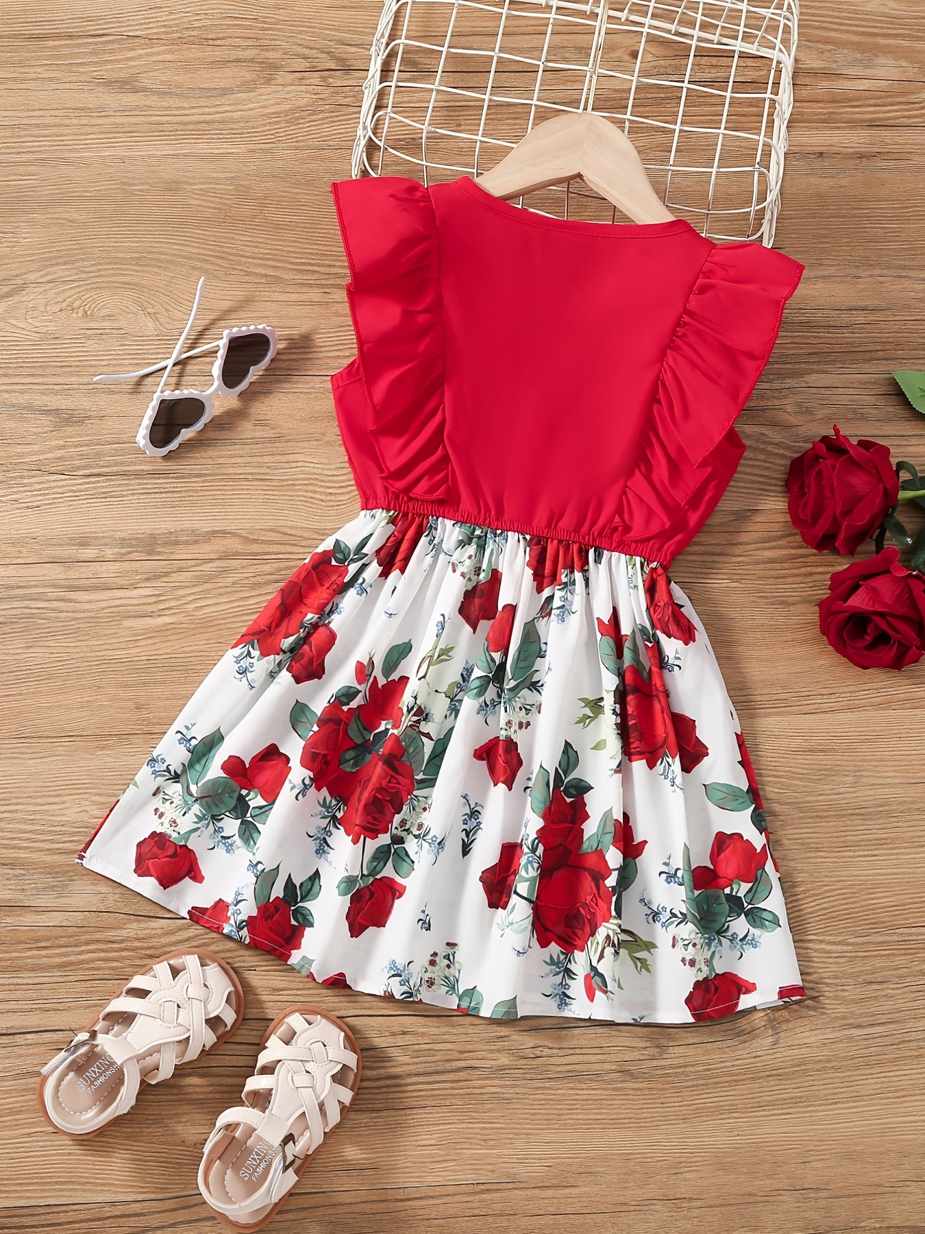 Girls Sleeveless Ruffles Crew Neck Button Flowers Print Bow Decor Princess Dress