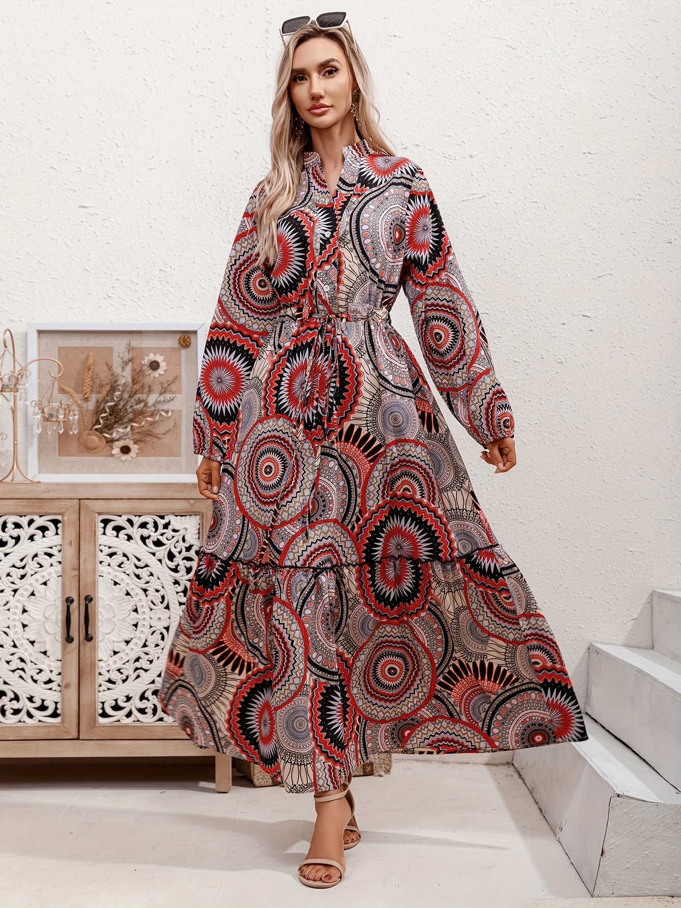 Boho Maxi Dress Women's Plus Graphic Print Long Sleeve V Neck