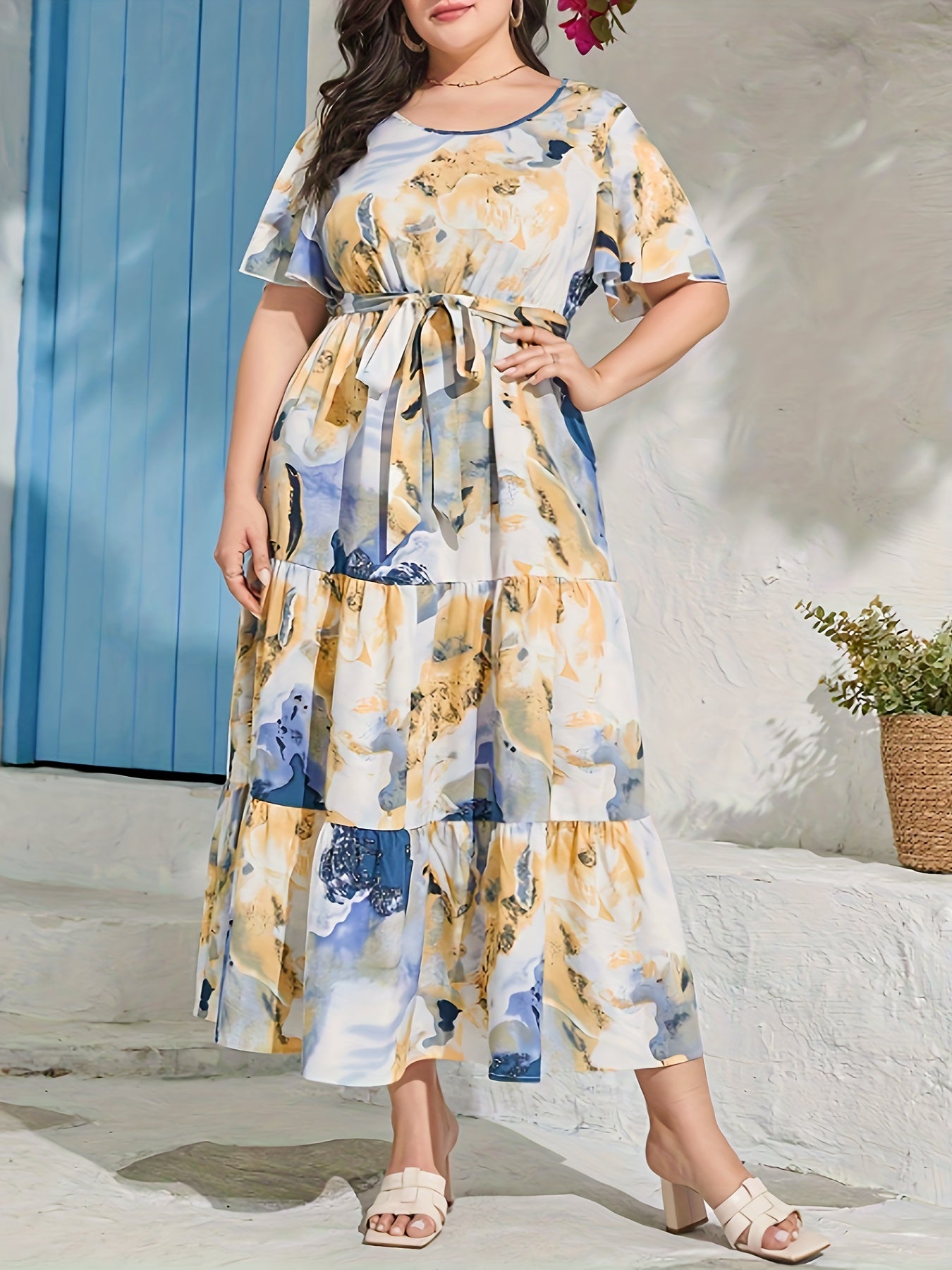  Marble Print Butterfly Sleeve Maxi Smock Dress With Belt