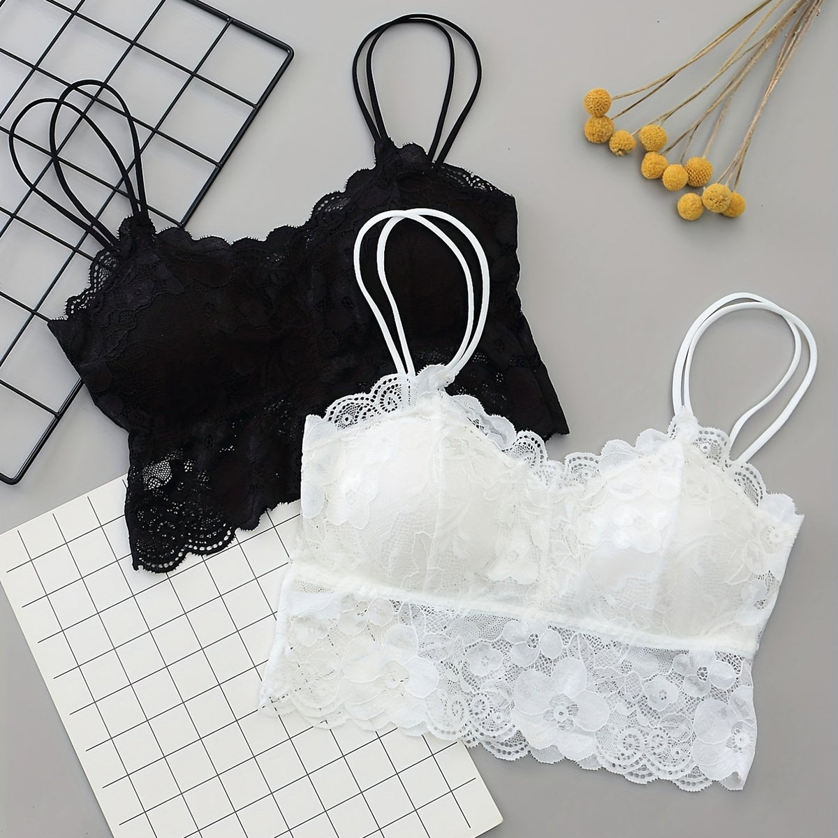 2pcs Floral Lace Wireless Bras Comfy & Breathable Women's Lingerie