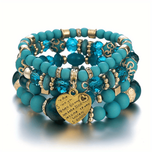 Heart Charm Bead Layered Bracelet Set Vintage Jewelry Gift