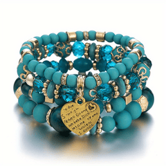 Heart Charm Bead Layered Bracelet Set Vintage Jewelry Gift