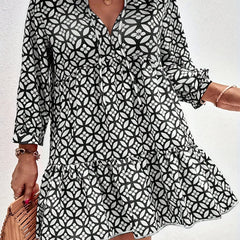  Boho Dress Women's Plus Allover Print Ruffle Trim Long Sleeve