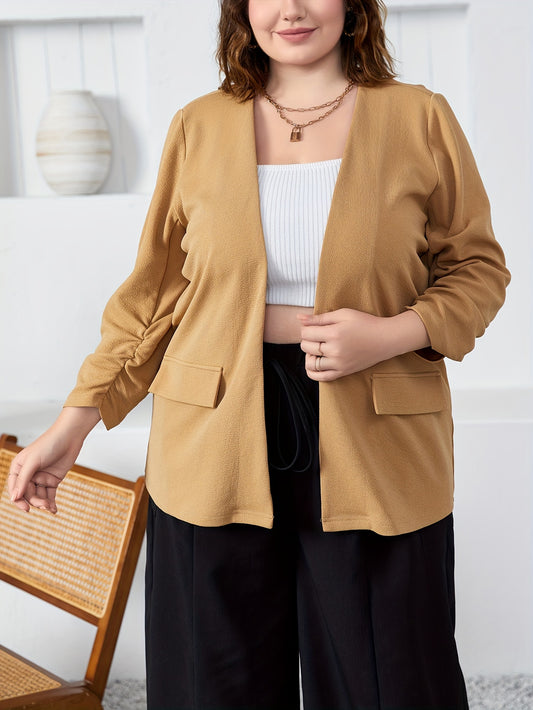  Blazer Women's Plus Solid Ruched Long Sleeve Open Front Blazer
