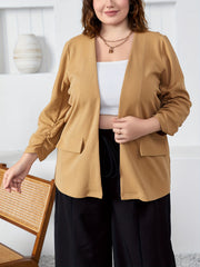  Blazer Women's Plus Solid Ruched Long Sleeve Open Front Blazer