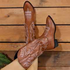 Women's Embroidered Chelsea Boots Mid Calf Western Shoes