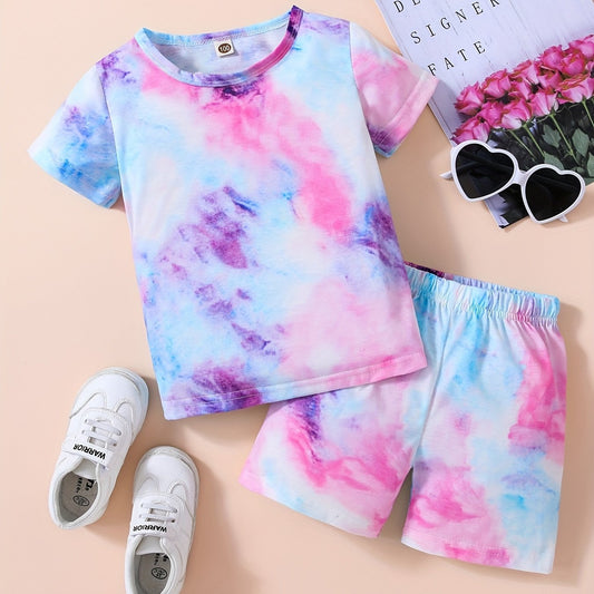 Girls Tie Dye T Shirt & Shorts Set, Short Sleeve Tee Top, Kids Summer Clothes