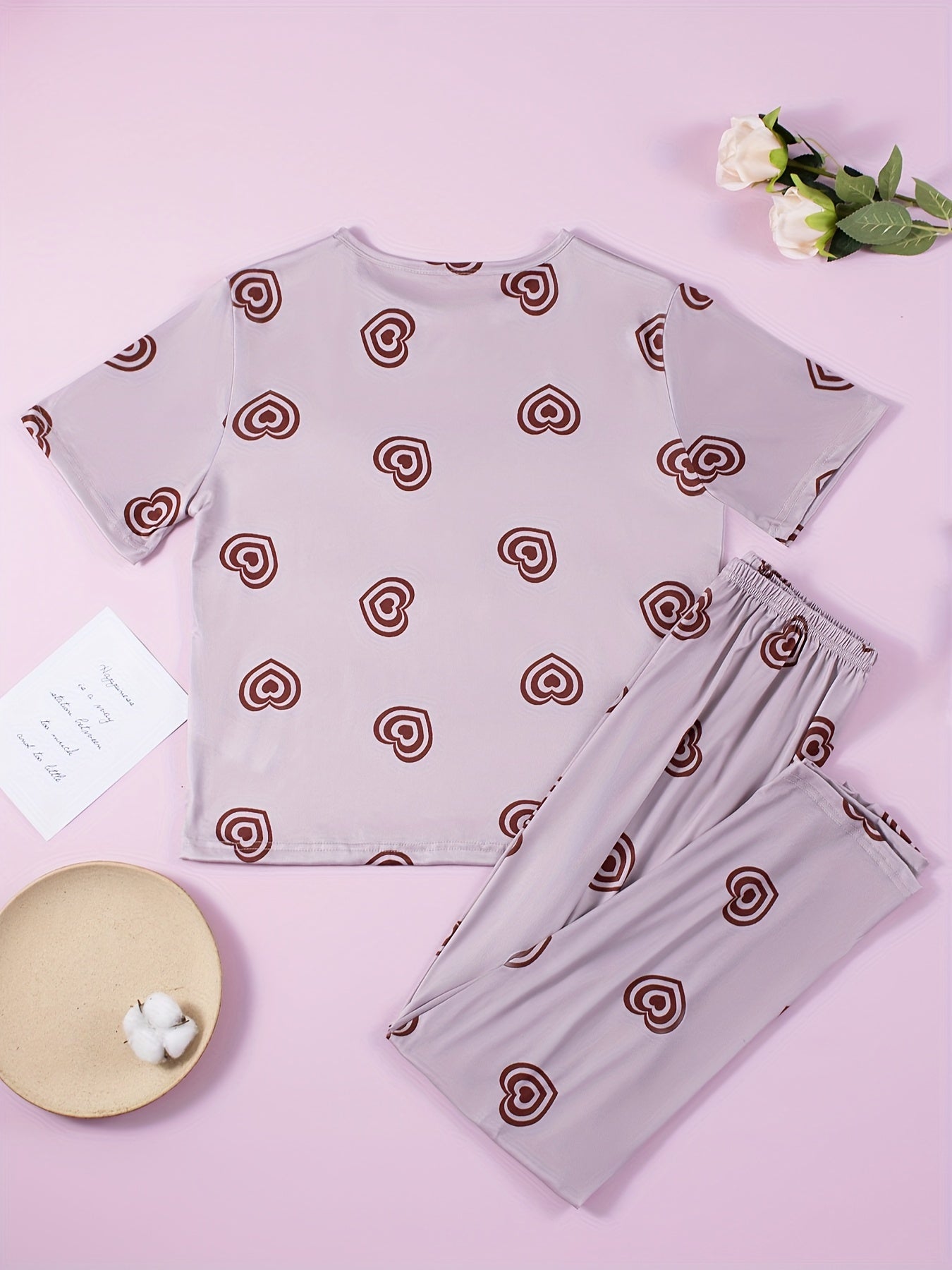 Heart Print Pajama Set Short Sleeve Crew Neck Top & Lounge Pants