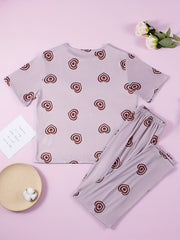 Heart Print Pajama Set Short Sleeve Crew Neck Top & Lounge Pants