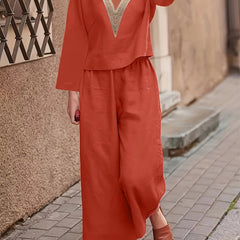 V Neck Lace Trim T shirt & Wide Leg Pants Set