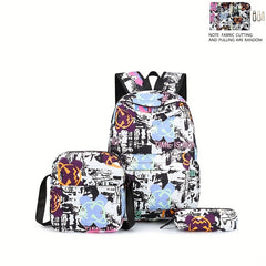 Cartoon Graffiti Print Backpack Set for Students