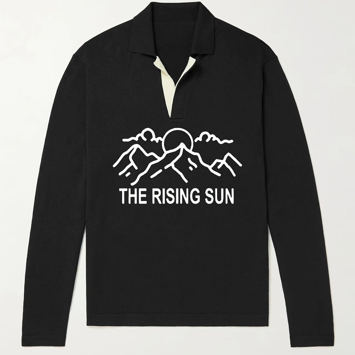 Rising Sun Pattern Knit Polo Shirt Men's Casual Stretch V Neck Pullover Sweater