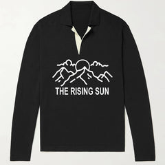 Rising Sun Pattern Knit Polo Shirt Men's Casual Stretch V Neck Pullover Sweater