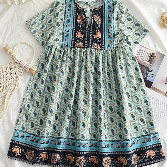 Girls' Ethnic Flowers Print V neck Summer Dress