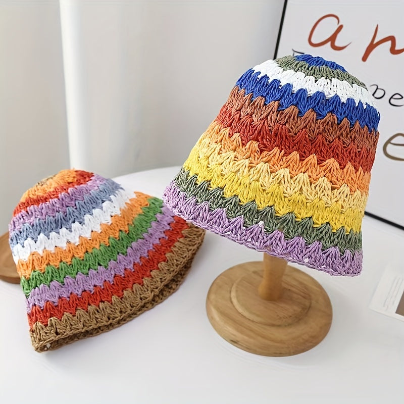Rainbow Striped Bucket Hat Crochet Straw Sun Hat