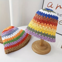 Rainbow Striped Bucket Hat Crochet Straw Sun Hat