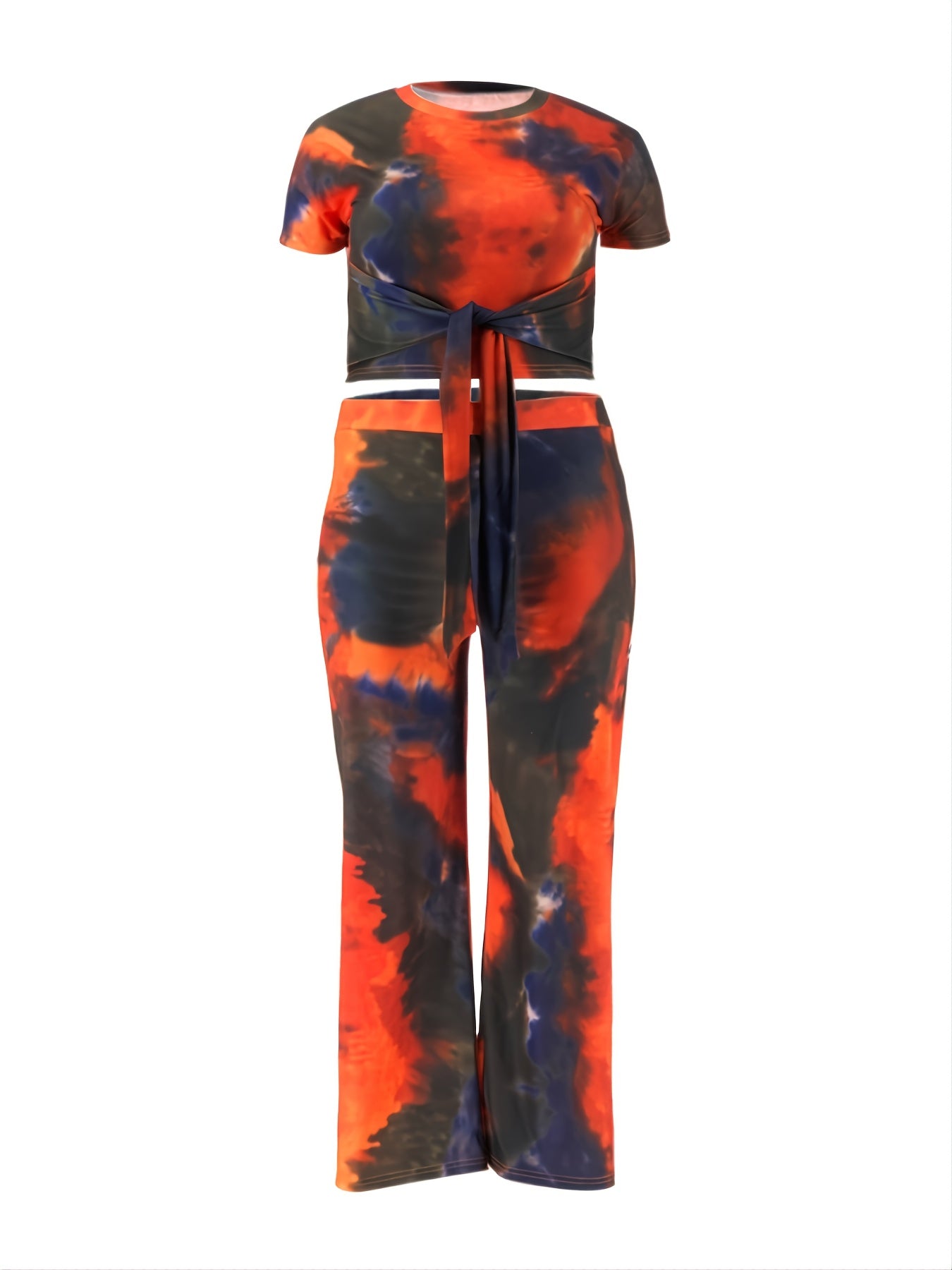  Tie Dye Knot Front Crop Top & Sweatpants Set Women's Plus