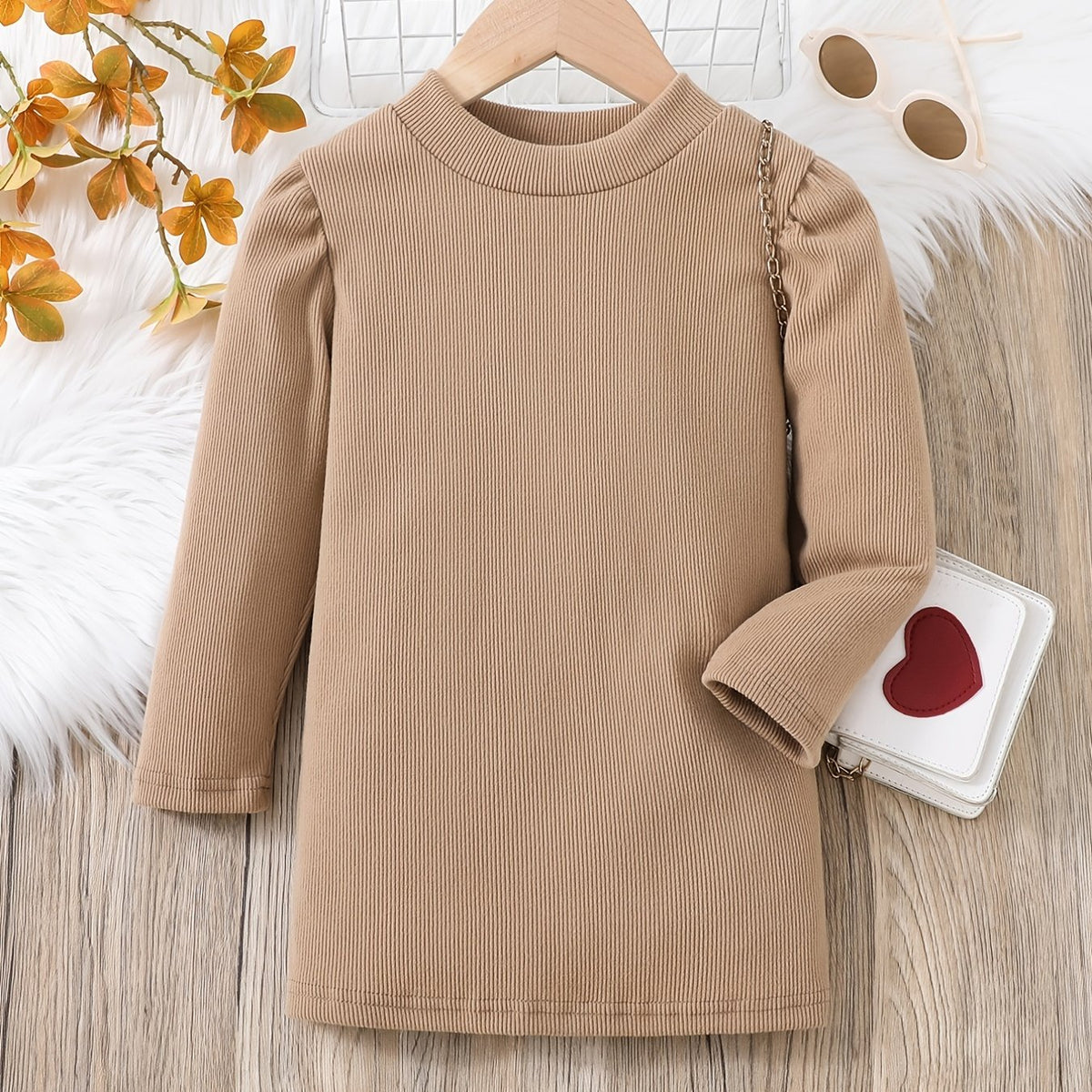 Girls Long Sleeve Stretch Khaki Dress