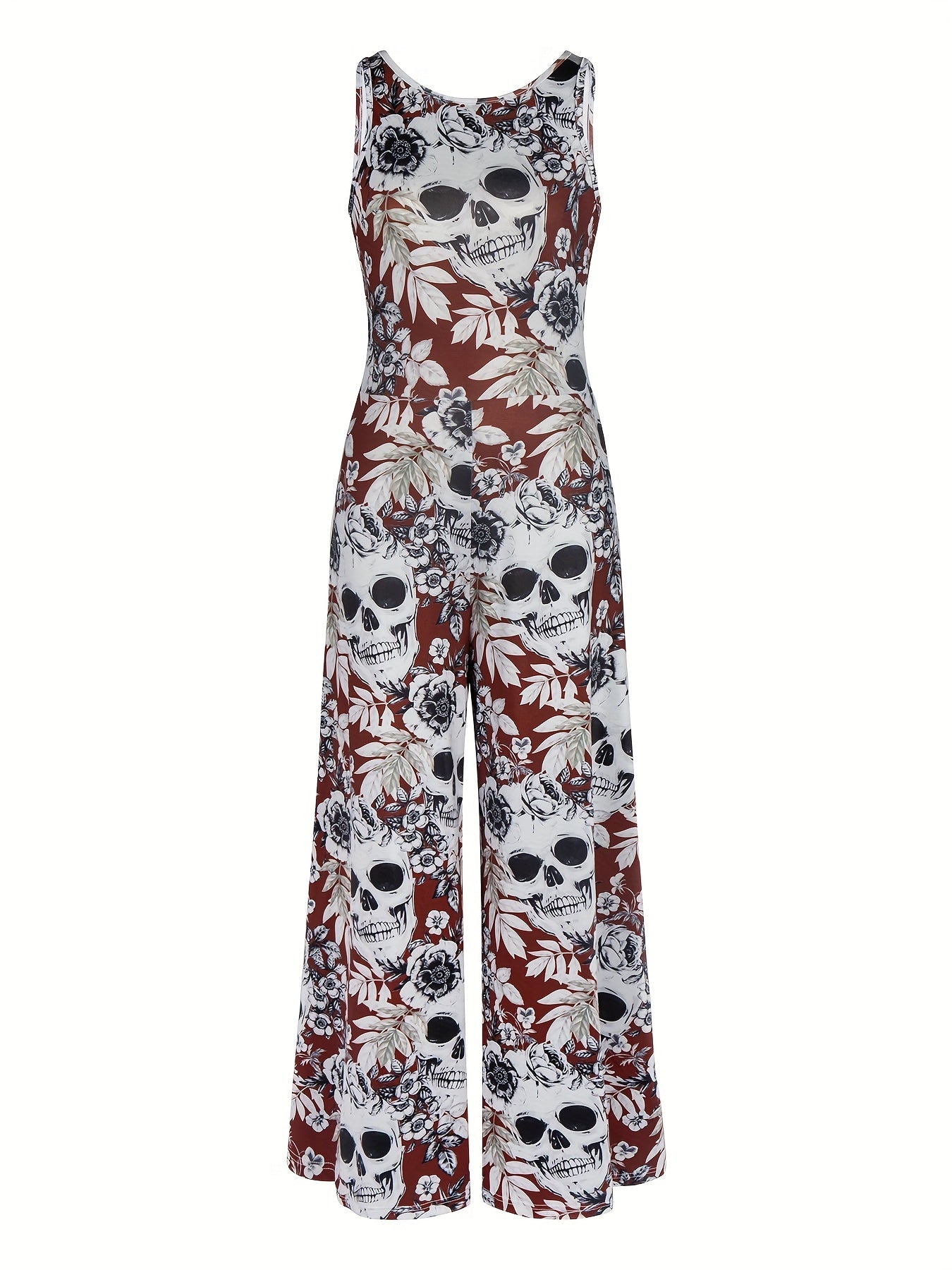 Vintage Skull & Flower Print Jumpsuit Women's Clothing