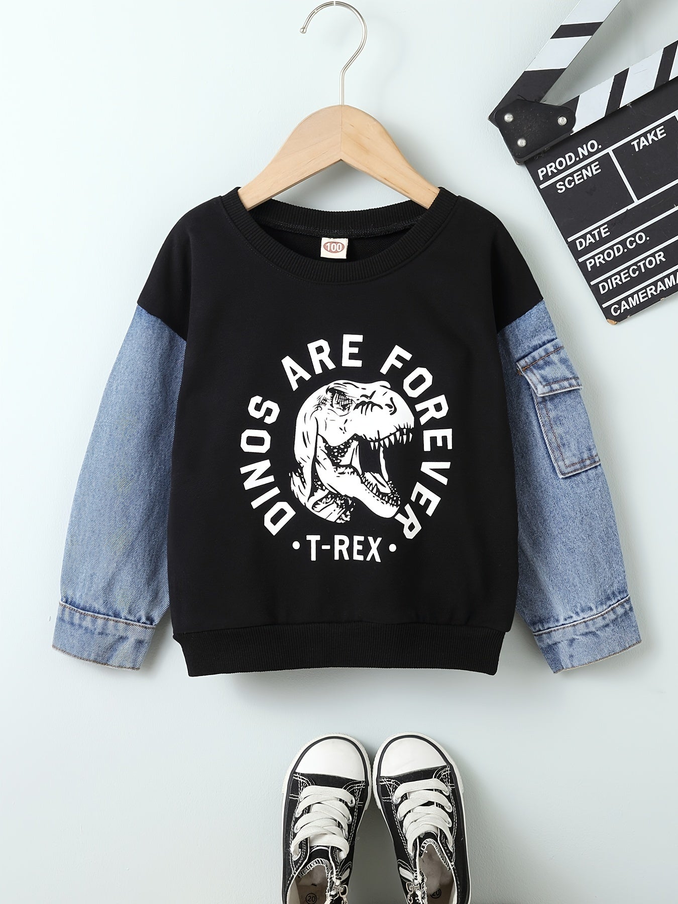 Baby Boys Denim Splicing Dinosaur Print Sweatshirt Top