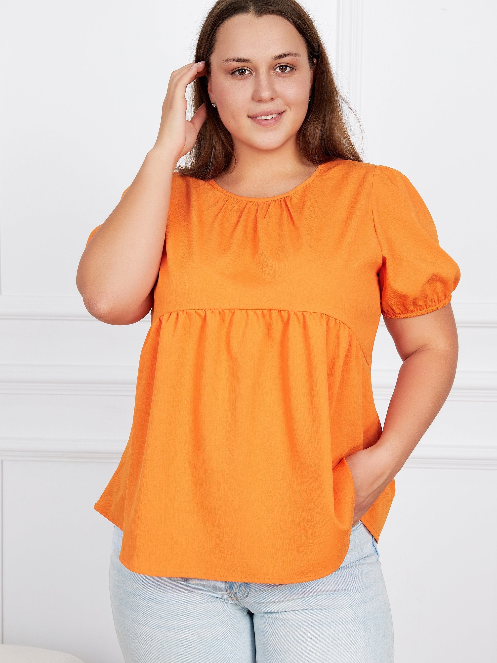  Casual Blouse Women's Plain Ruched Short Sleeve Round Neck