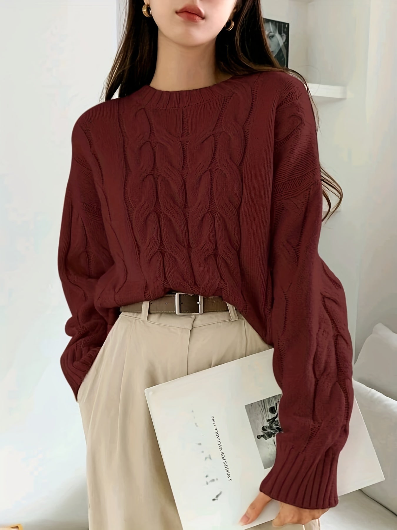  Solid Cable Long Sleeve Round Neck Sweater