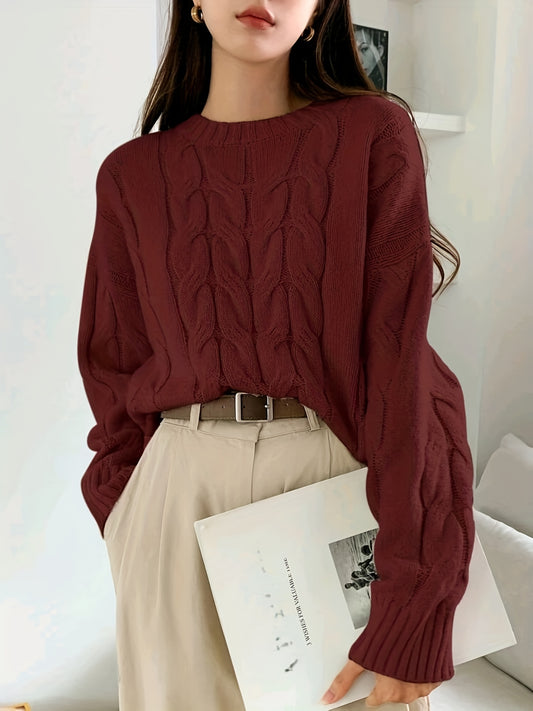  Solid Cable Long Sleeve Round Neck Sweater