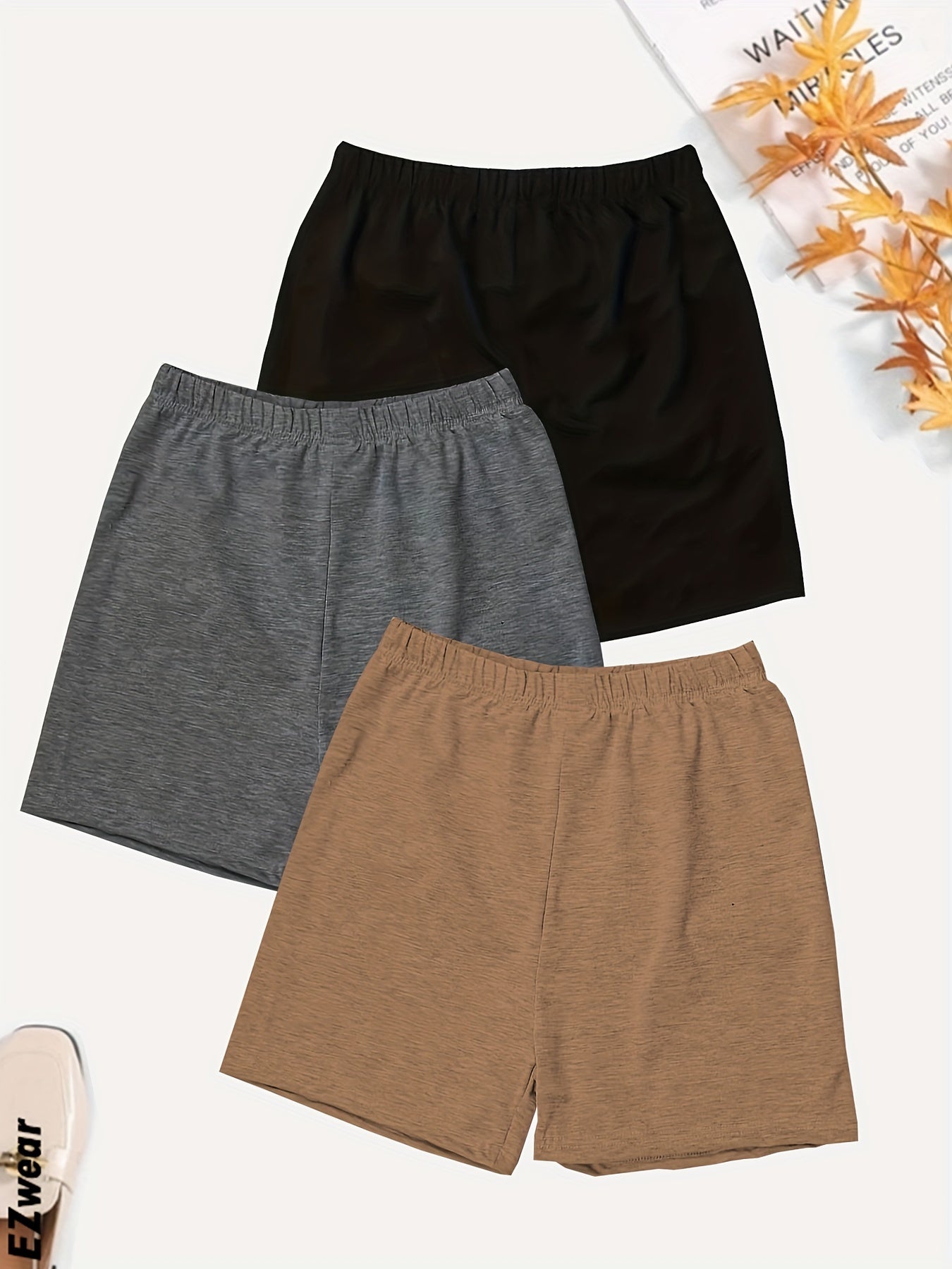 Solid Elastic Waist Shorts 3 Pack Wide Leg Casual Workout Versatile Shorts