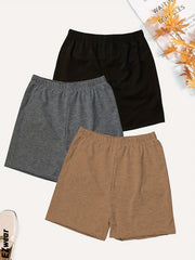 Solid Elastic Waist Shorts 3 Pack Wide Leg Casual Workout Versatile Shorts
