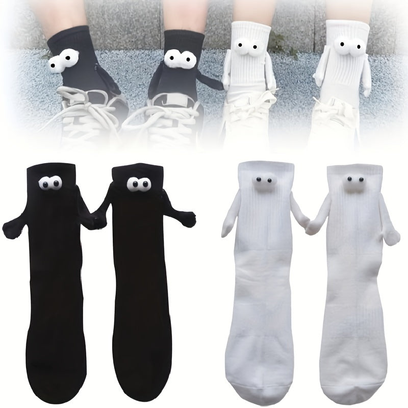 Creative Sweat-absorbing Mid-calf Socks with Magnetic Hand Holding Dolls