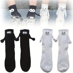 Creative Sweat-absorbing Mid-calf Socks with Magnetic Hand Holding Dolls