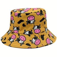 Versatile Sunshade Bucket Hat Cow Cartoon Print Unisex Daily Shopping