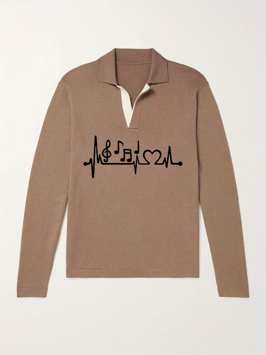 Music Note Pattern Knit Polo Shirt Men's Casual Lapel Pullover Sweater