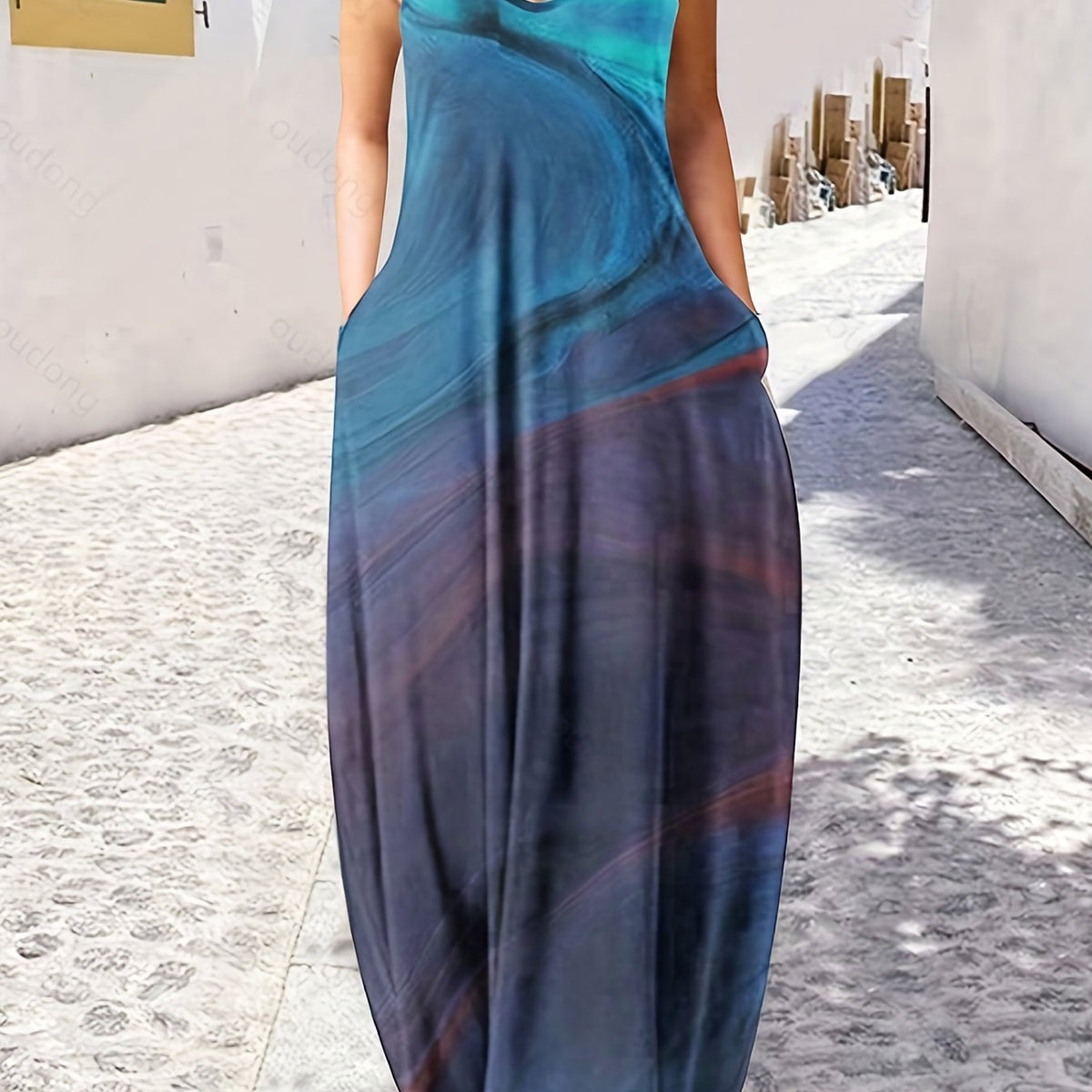 Plus Size Women's Fluid Print V Neck Cami Maxi Dress