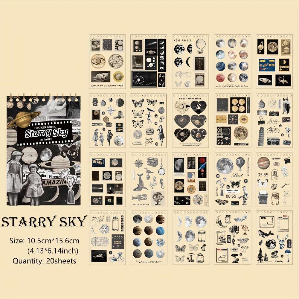 20 Sheets Vintage Starry Sky Stickers Book Set Retro Planet Stickers