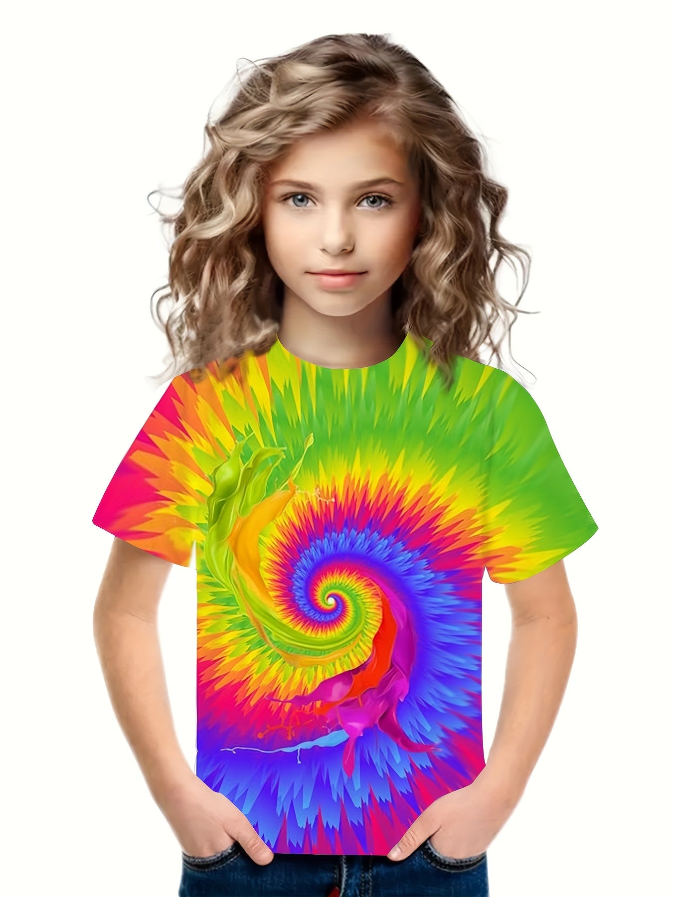 3D Rainbow Tie Dye Short Sleeve T shirt Loose Fit Pullover For Kids