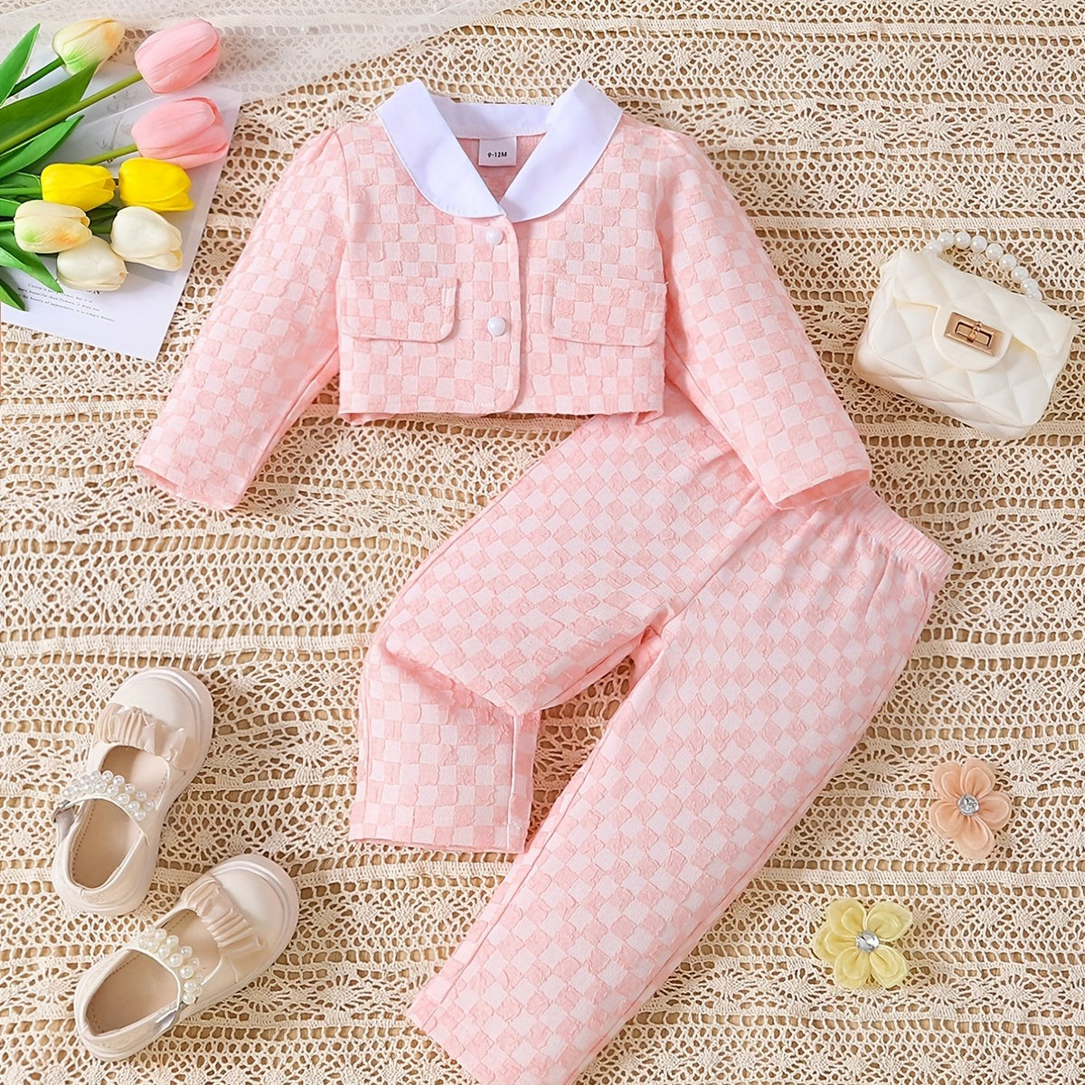 Plaid Cardigan & Pants Set for Baby Girls