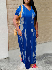  Tie Dye Maxi Dress Short Sleeve Round Neck High Stretch