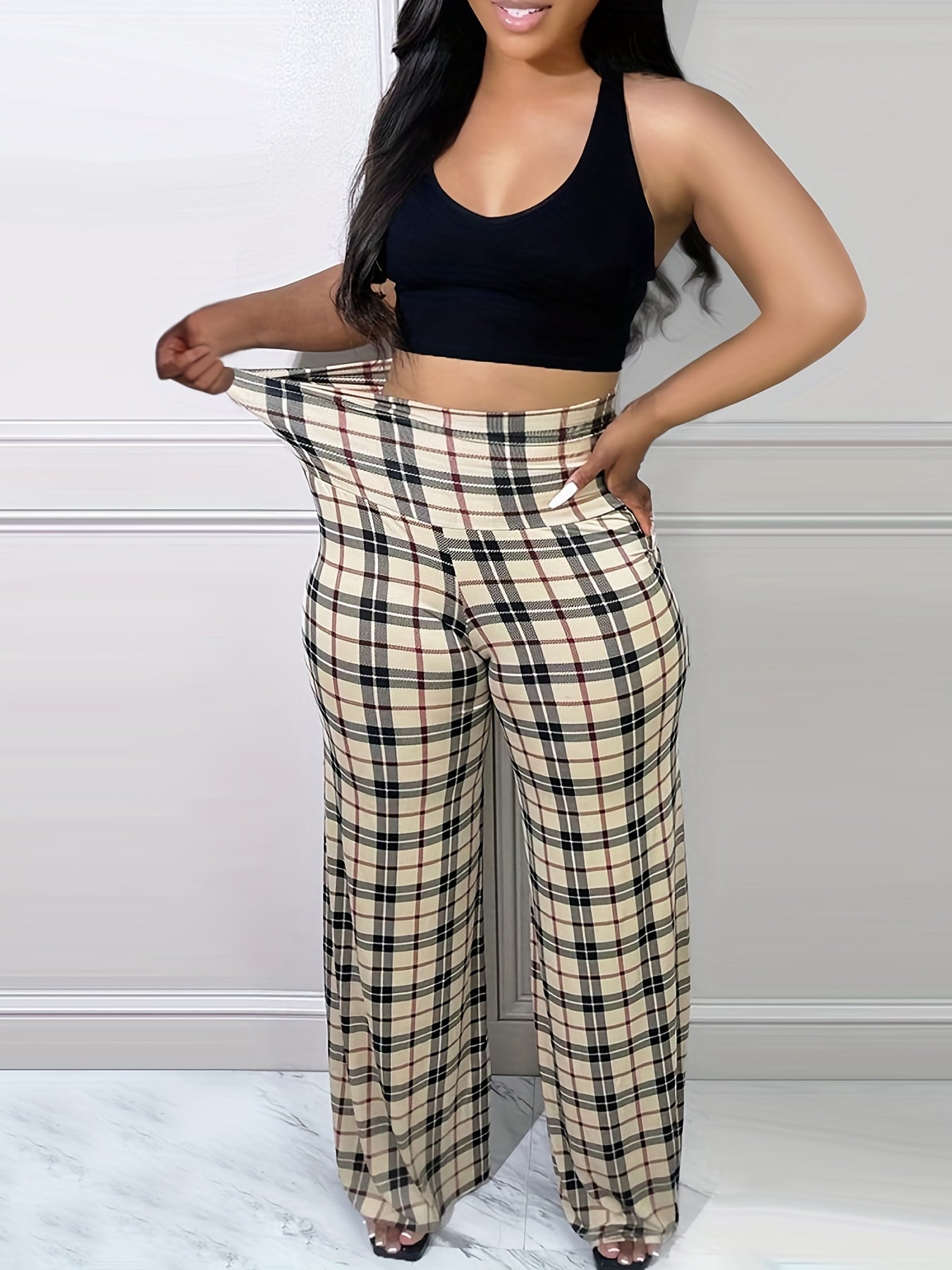 Women's Plus Plaid Print High Rise Wide Leg Workwear Pants