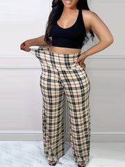 Women's Plus Plaid Print High Rise Wide Leg Workwear Pants