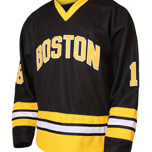Men's V neck Hockey Jersey BOSTON 18 Retro Classic Stitched Sweatshirt