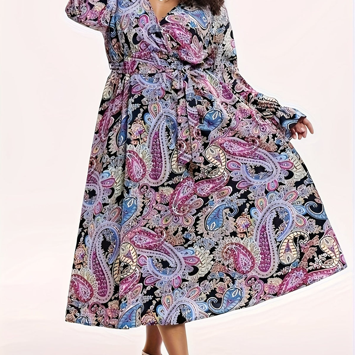  Boho Dress Paisley Print Lantern Sleeve Maxi Dress