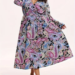  Boho Dress Paisley Print Lantern Sleeve Maxi Dress