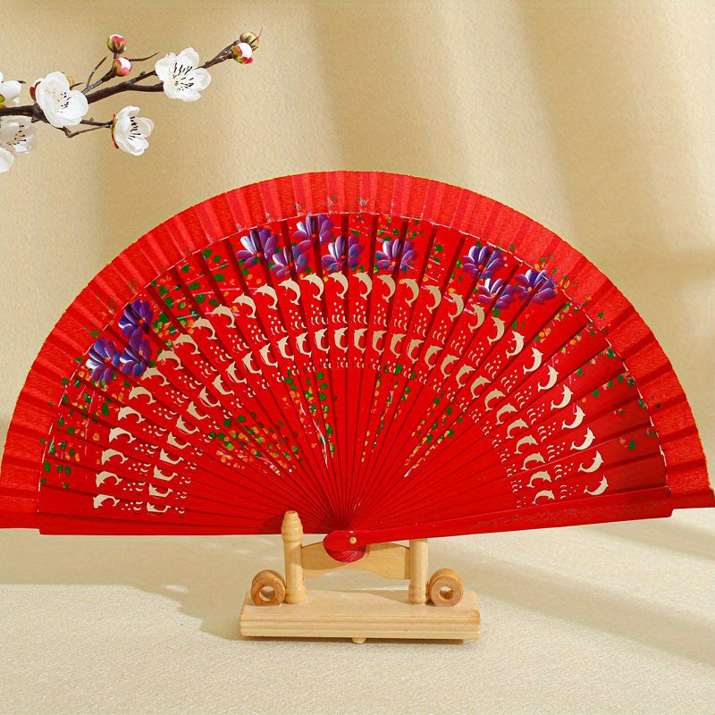 Double Sided Painted Floral Folding Fan for Women