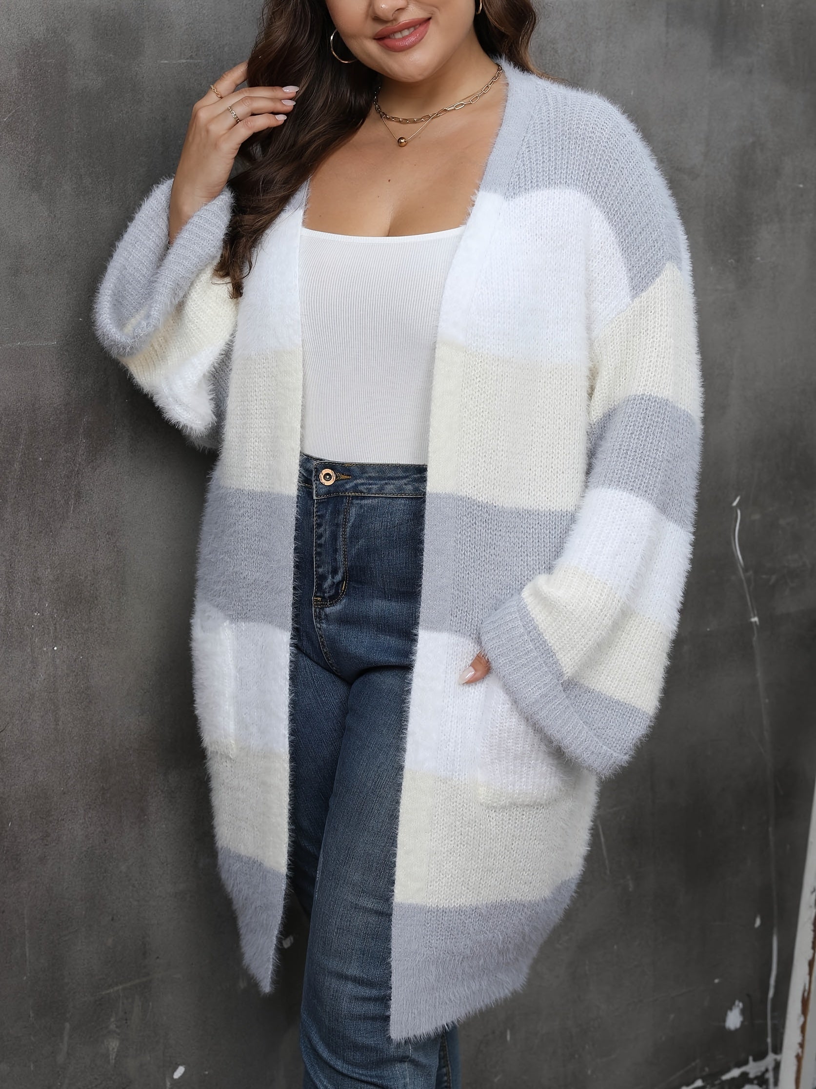  Colorblock Eyelash Long Sleeve Cardigan With Pockets