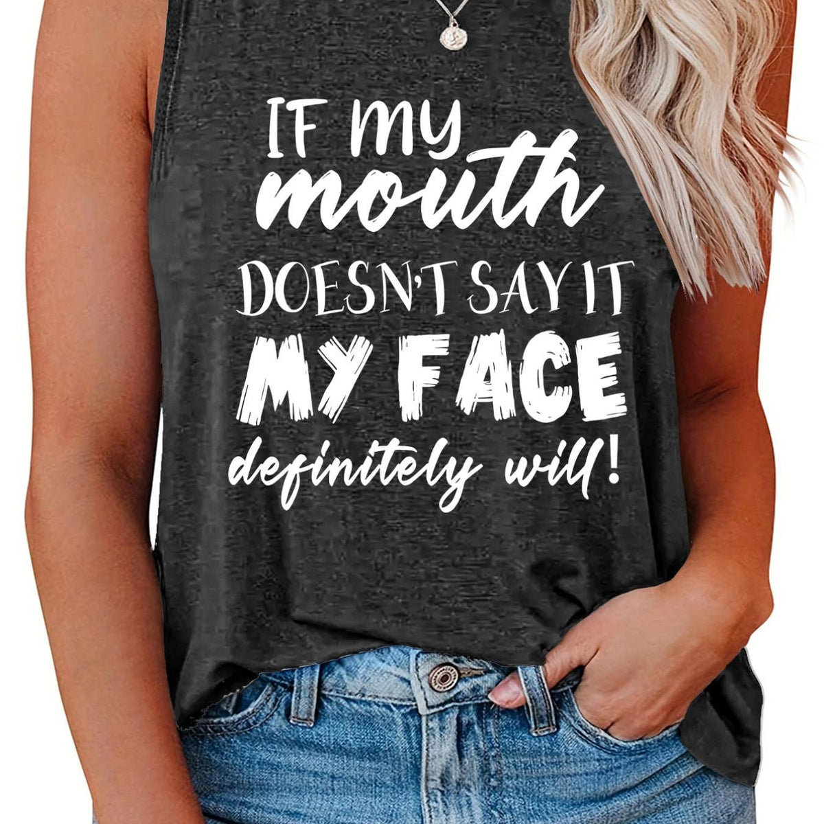  Women's Slogan Print Tank Top Round Neck Casual Stretch