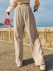  Wide Leg Trousers Solid Ribbed Elastic High Rise Casual Pants