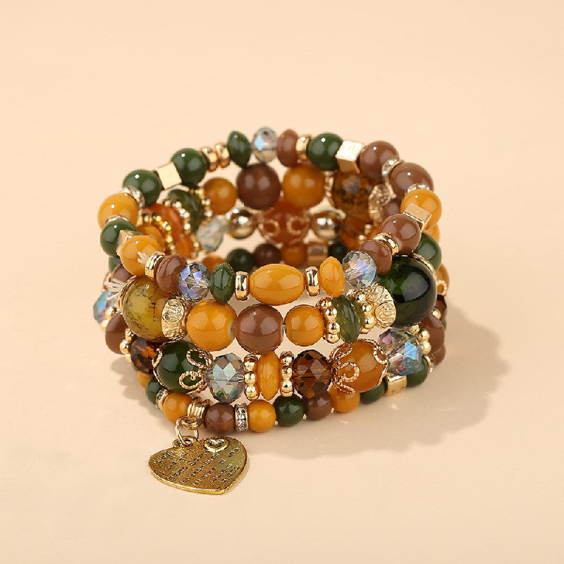 Heart Charm Bead Layered Bracelet Set Vintage Jewelry Gift