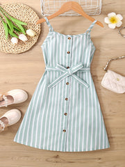 Girls Striped Button Front Belt Dress Casual Vacation Kids Clothes